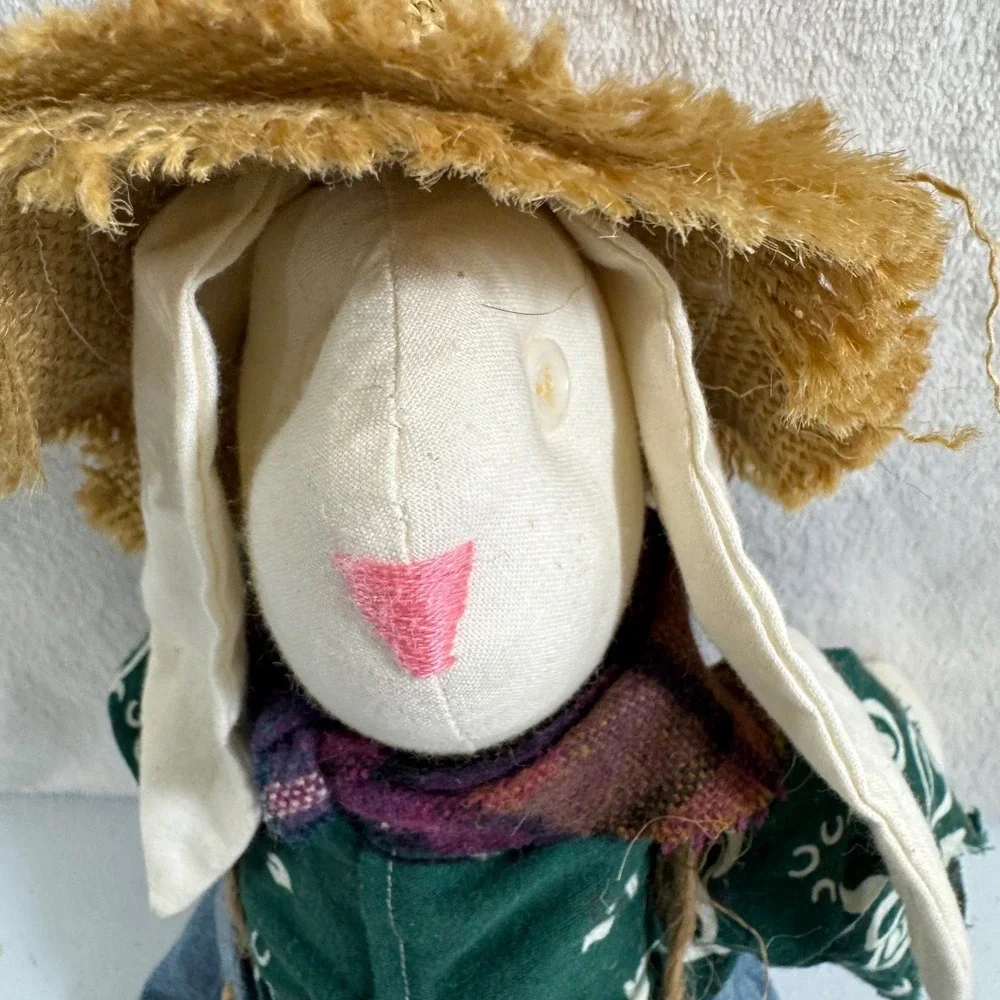 Adorable Bunny scarecrow Doll Plush Stuffed Animal Straw‎ Hat Denim Overall